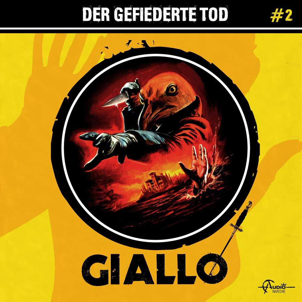 Cover Giallo Folge 2 – Der gefiederte Tod: eine vogelköpfige Gestalt mit Messer und Handschuhen über einer nächtlichen Straße, aus der eine Hand ragt